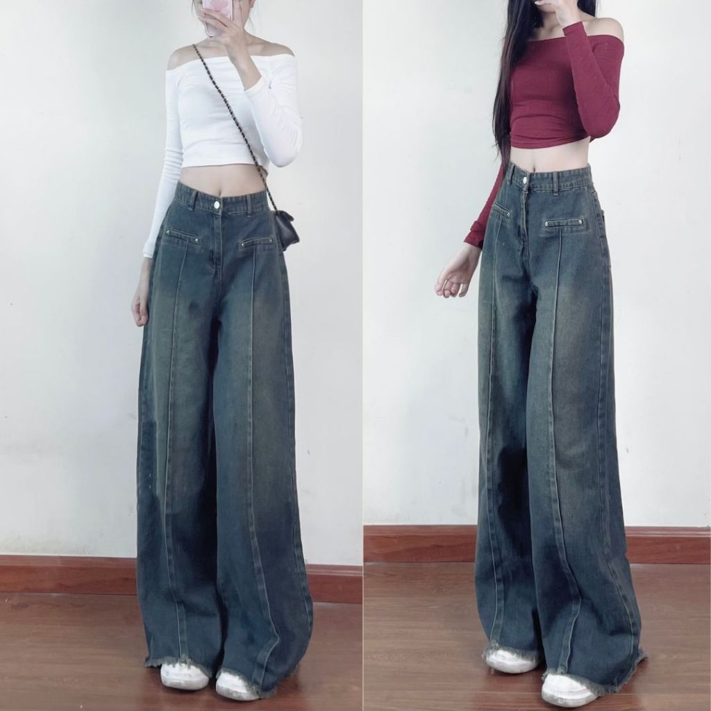 Quần jean bò dài Maia ôm eo màu đậm quần jeans ống rộng viền thô cổ điển kiểu quần dài ống đứng cạp cao