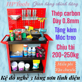 Kệ đồ nghề 3 tầng, kệ đựng dụng cụ 3 tầng sơn mạ tĩnh điện có giá treo HPTools