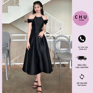 Váy Tapta Dài Cổ Yếm Sang Trọng Xoè Thiết Kế Nhấn Eo