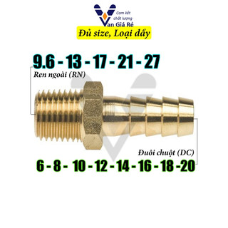 Nối đuôi chuột ren ngoài đồng thau 6mm 8mm 10mm 12mm 14mm 16mm 18mm 20mm