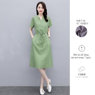 Đầm suông linen nữ thiết kế cổ V xinh, có túi chéo, đầm trơn rút eo Đũi Việt Dv51