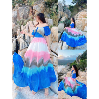 (miễn phí chỉnh váy) đầm maxi màu loang ombre bẹt vai tay con đi biển du lịch thiết kế kín đáo màu xanh biển