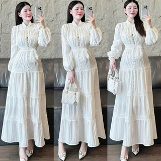 Đầm maxi ren cột eo