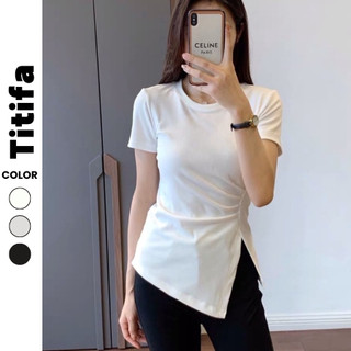 Áo thun nữ tay ngắn xẻ vạt tà lệch nhún eo thời trang, chất vải thun tăm mềm mát HL063 - Titifa Shop