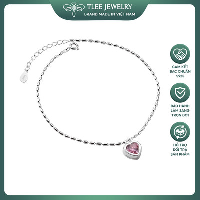 Lắc chân bạc nữ TLEE sơi dây hạt gạo treo Charm tim hồng dễ thương TLEE JEWELRY LC0113