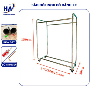 Sào treo quần áo 2 tầng inox có bánh xe, sào treo quần áo shop trẻ em người lớn dày dặn chắc chắc ảnh chụp thật (T10)