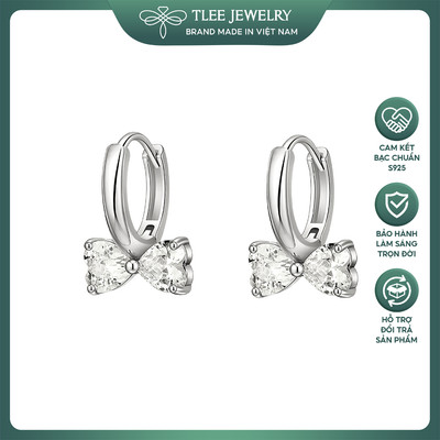 Khuyên tai bạc nữ TLEE, bông tai tròn chốt bấm nơ đá trái tim xinh xắn TLEE JEWELRY B0410