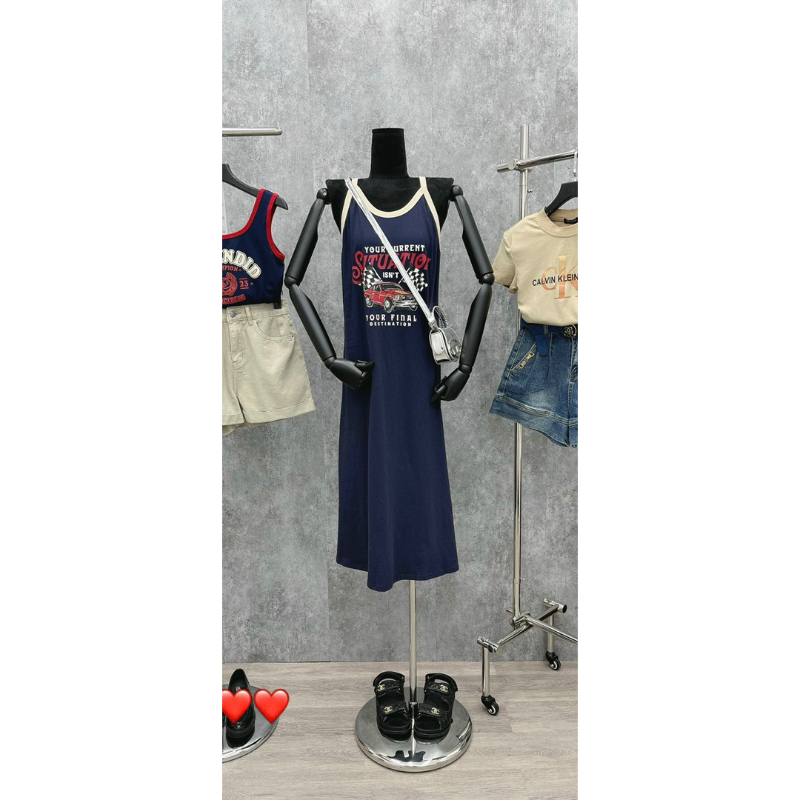 Đầm yếm xanh viền
