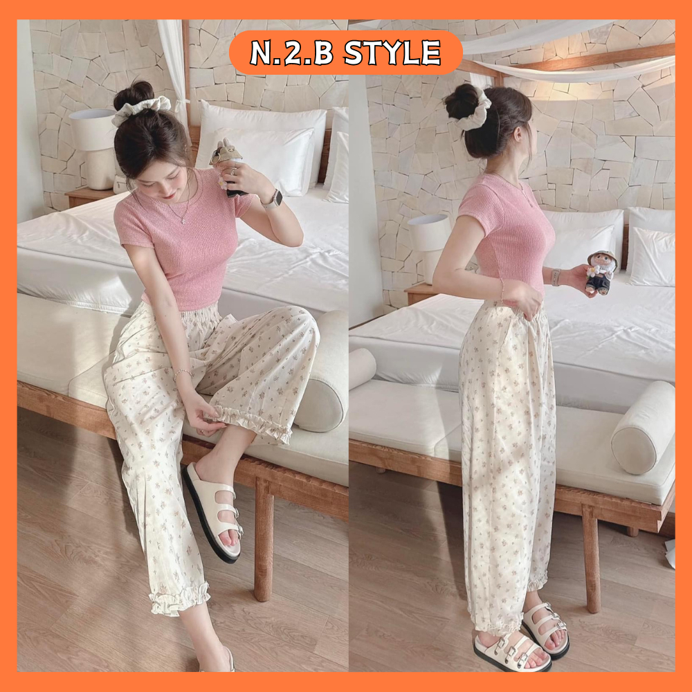 Set đồ nữ, Set áo thun nữ cổ tròn màu hồng ngắn tay kèm quần suông hoa nhí gấu phối viền ren tiểu thư siêu xinh
