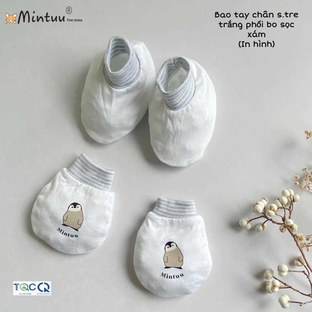 Set 5 bộ bao tay bao chân cho bé sơ sinh, bao tay chân viscose rayon trắng in hình MINTUU 3361