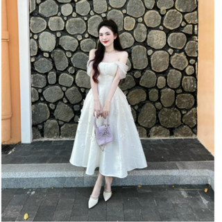 Đầm đi đám cưới sang trọng thời trang nữ dự tiệc chất tapta trễ vai có mút đính hoa dáng váy chữ A dài maxi xinh tươi