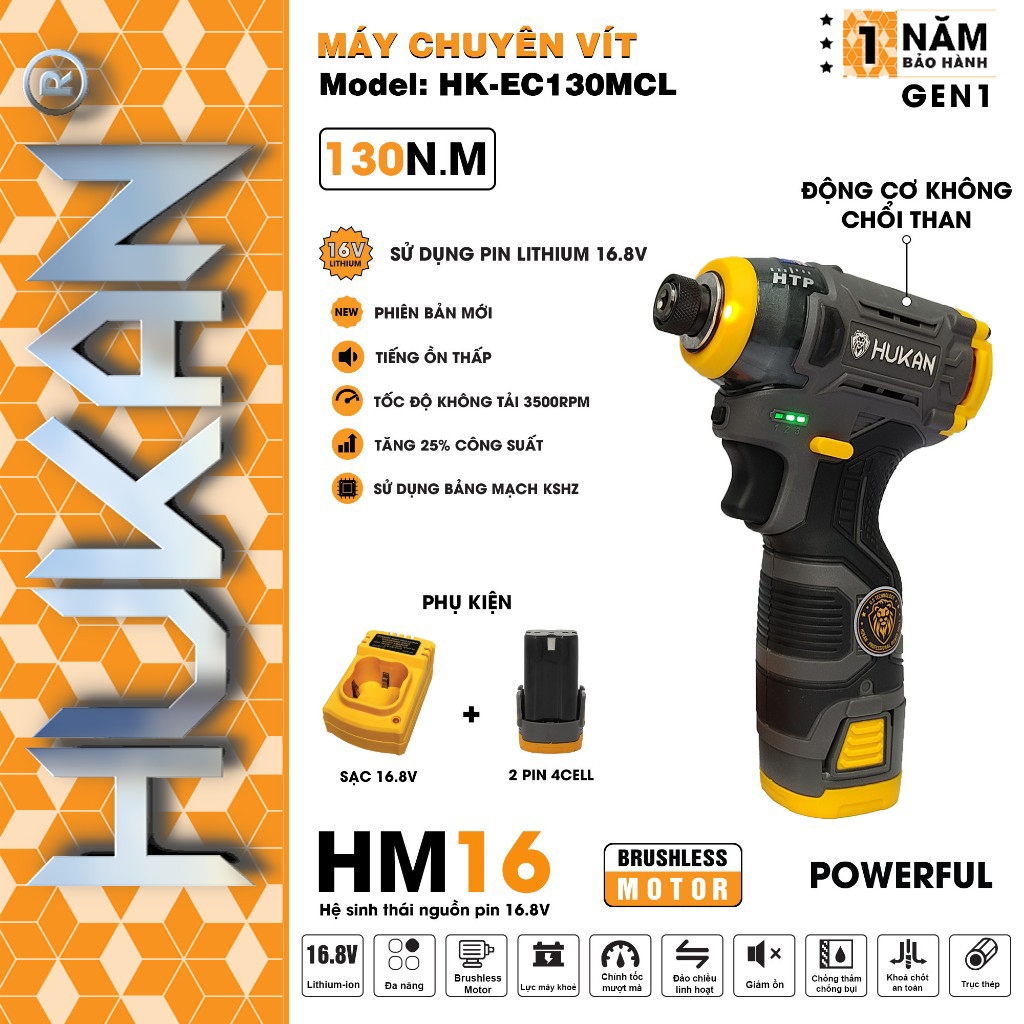 Tên sản phẩm: Máy chuyên vít pin HUKAN HK-EC130MCL, BRUSHLESS MOTOR, Lực siết 130Nm, 3 Tốc độ, Tốc đ