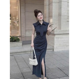 *Đầm thời trang nữ đi chơi sang chảnh chất kate sọc cổ sơ mi không tay kèm cà vạt dáng váy ôm có xẻ tà dài maxi