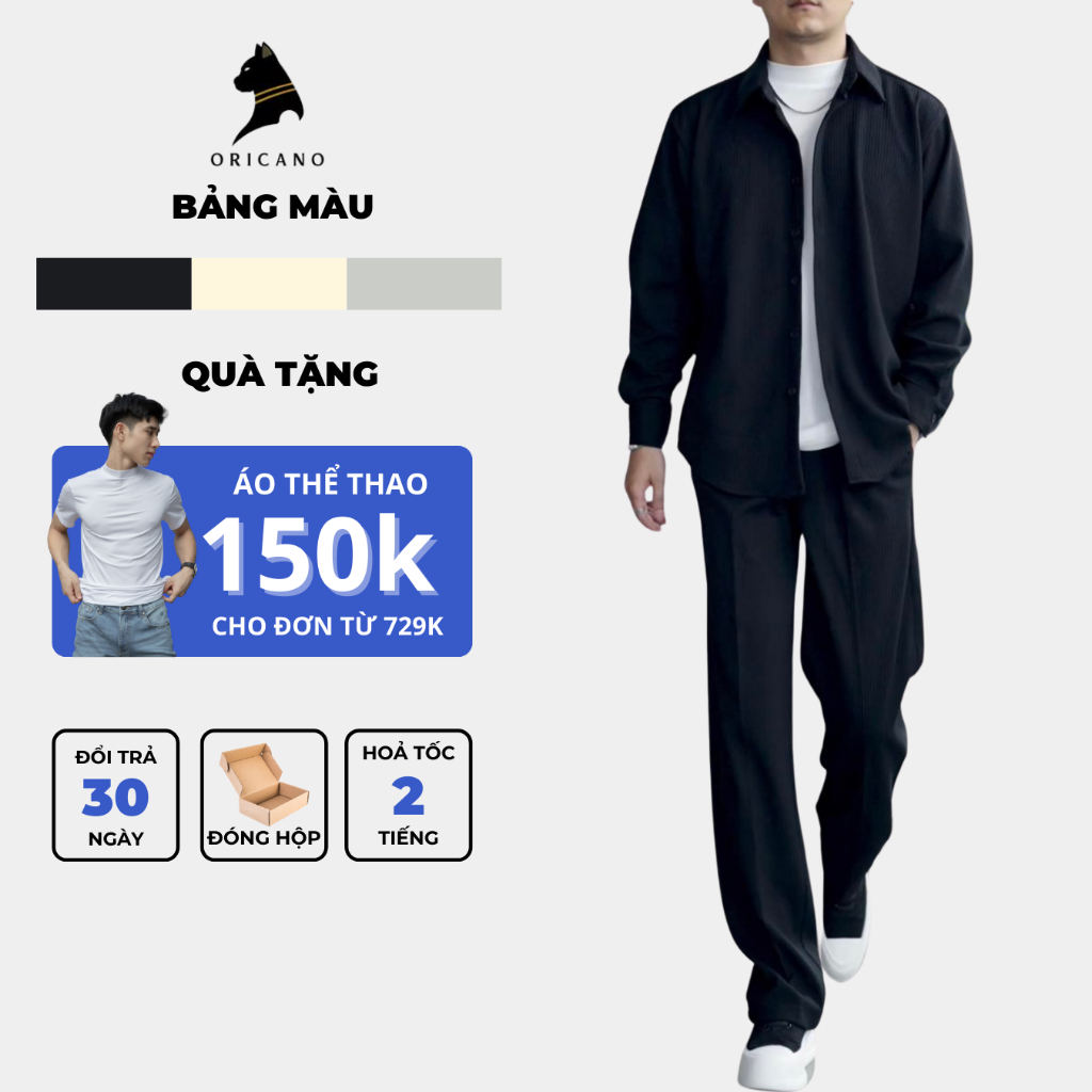 Bộ Bồ Nam Oricano Siêu Cao Cấp Màu Trơn Đơn Giản Hợp Thời Trang Mùa Thu, Áo Sơ Mi và Quần Dài Thời Trang