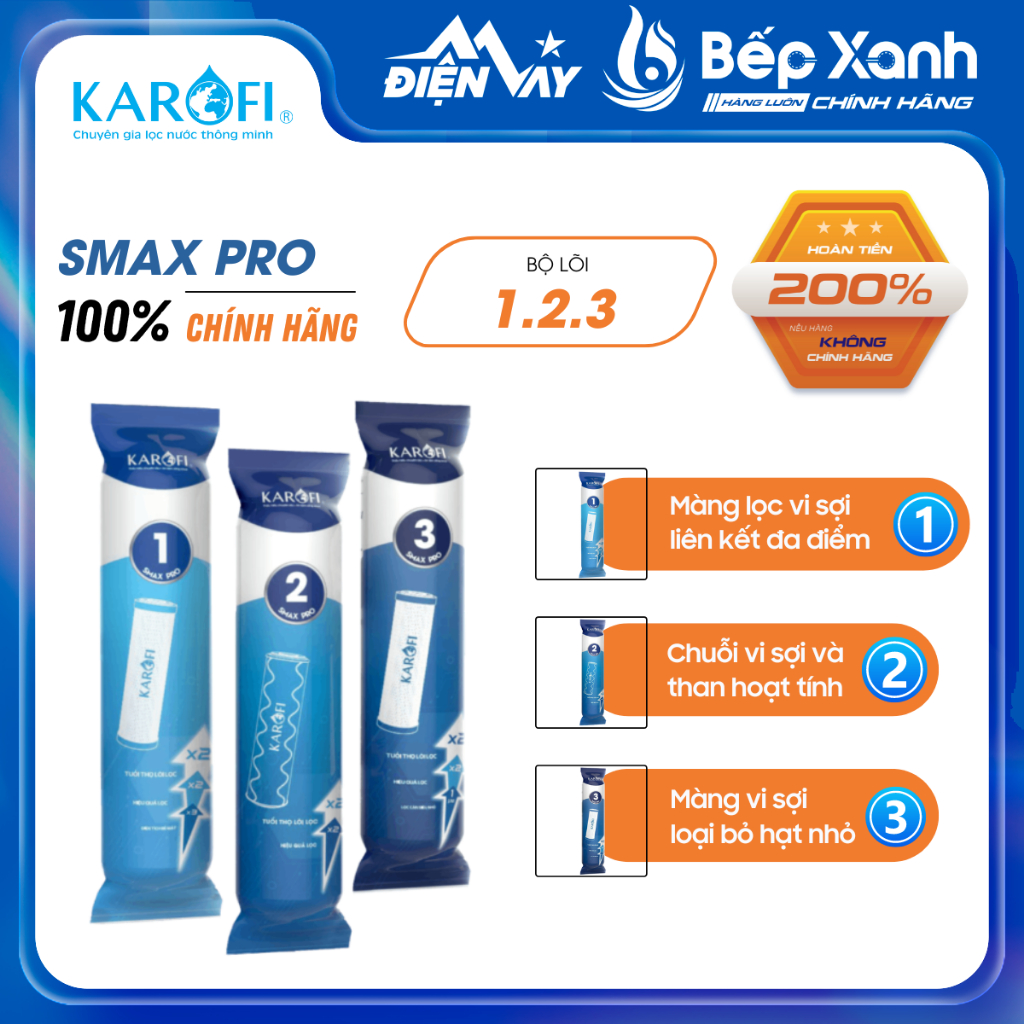 Bộ lõi lọc Karofi 1,2,3 SMAX PRO - Hàng chính hãng, lắp được cho các máy lọc RO có 3 cốc lọc thô 10 inch