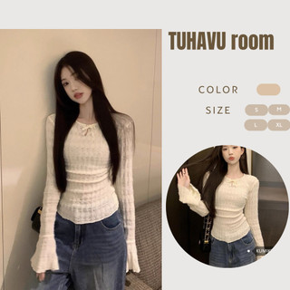 Áo thun tay dài cổ tròn đính nơ thời trang cho nữ Tuhavu room, áo thun dài tay cổ tròn đính nơ cho nữ style hàn quốc