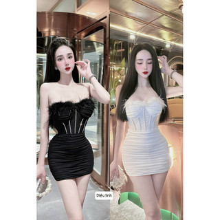 Đầm body quây đính viền lông ngực đá eo sang chảnh đi tiệc