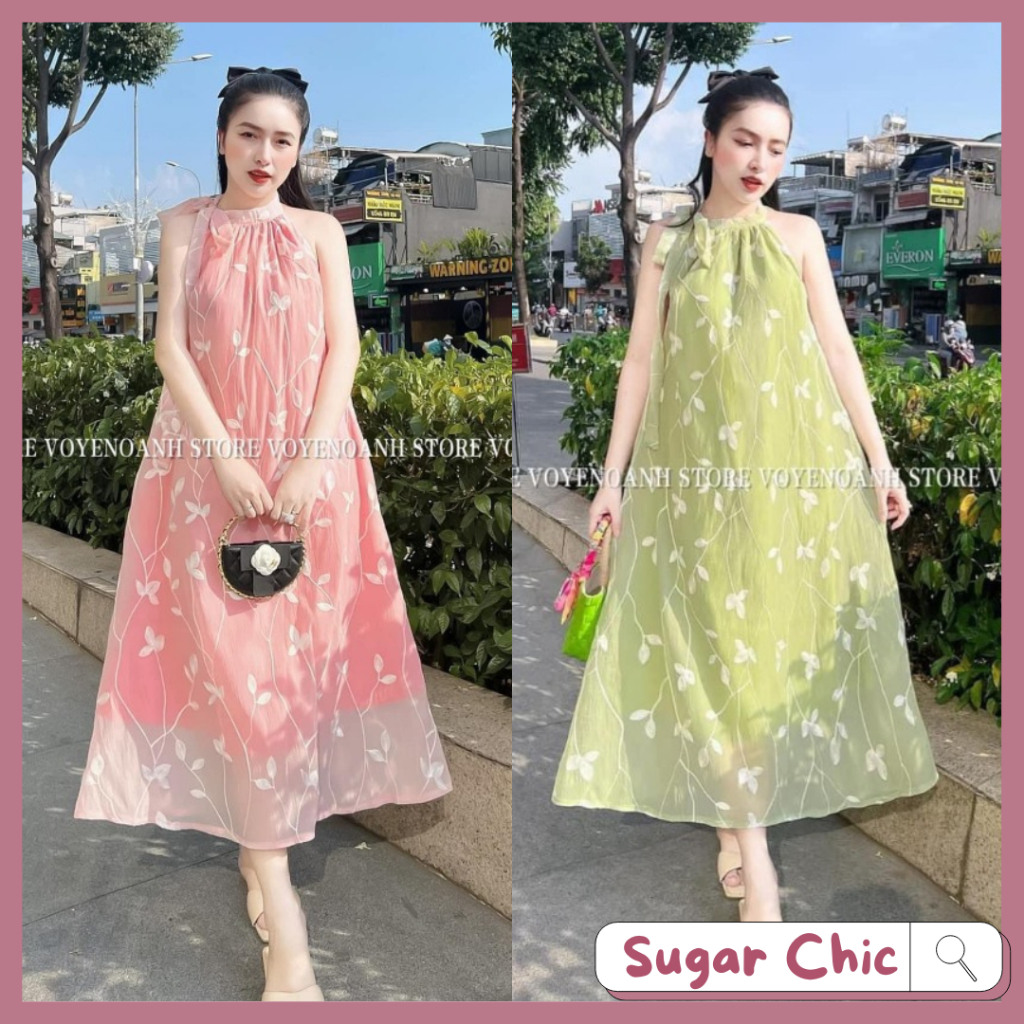 Váy Đầm Voan Cổ Yếm Hoa Dây From Dáng Dài 2 Lớp Nhẹ Nhàng Nữ Tính Dáng Dài Bầu Bì Có Thể Bon Chen