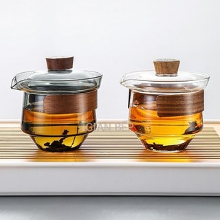 Chén khải tiềm trà 230ml bằng thủy tinh chịu nhiệt borosilicate cao cấp có nắp, núm gỗ tre