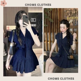  Sét đồ nữ váy đầm nữ dự tiệc cưới váy ngắn cổ cà vạt sét kẻ xanh than siêu xinh hàng loại 1 chuẩn shop Chomss DESIGN 