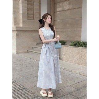 Đầm maxi dáng suông nữ chất lennin kẻ sọc cổ tròn sát tay kèm dây thắt nơ eo thiết kế tối giản dễ mặc