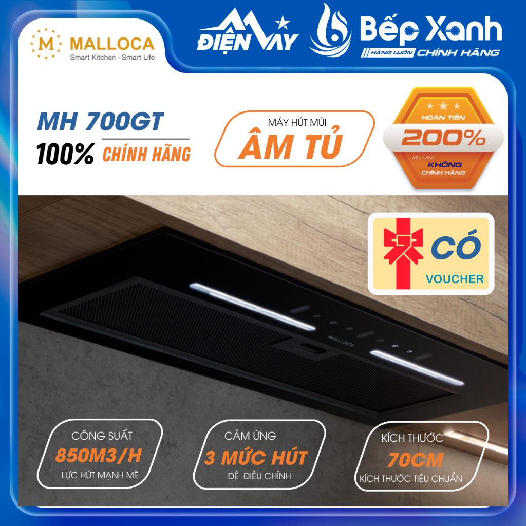 Máy Hút Mùi Âm tủ Malloca MH 700GT - 850 m3/h - Ngang 70cm