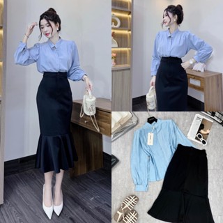 Set Áo Sơ Mi Tơ Xước Tay Bồng Phối Cổ Tàu Kẻ Xanh Mix Chân Váy Umi Đuôi Cá Dài Thanh Lịch (Ảnh Thật Trải Sàn) Lollaye