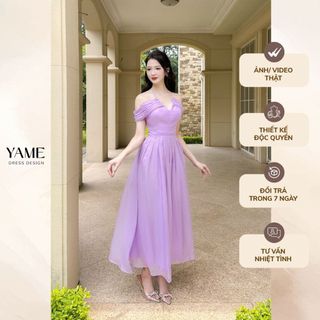 Váy nữ dáng xòe dài maxi cổ xếp nhún hở vai dây buộc sau màu tím nhạt vải tơ YAME YV386