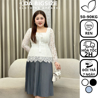 Dabigsize - Áo Bigsize Nữ,Áo Kiểu Sơ Mi Tay Dài Cổ Vuông Nơ Ngực Chất Ren Cao Cấp Che Khuyết Điểm Cho Người Mập 50-90kg