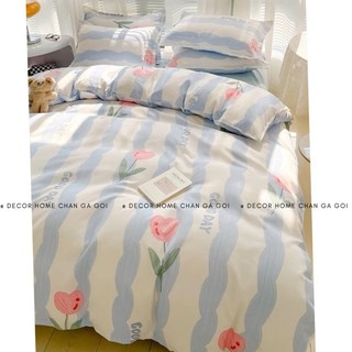 Bộ chăn ga gối Cotton Poly Nhập Khẩu chần bông dày mẫu Tuylip kẻ xanh Decor Home