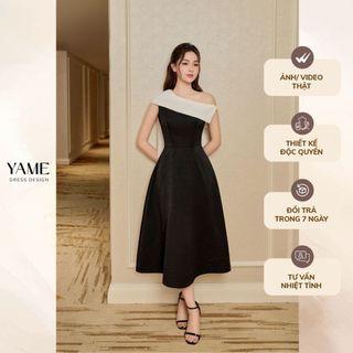 Váy nữ dáng A xoè đổ múi ngực phối chiffon rủ dây sang trọng vải tafta đen YAME YV338