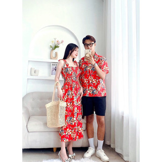 Đồ đôi hoạ tiết hoa, Áo sơ mi nam và váy hai dây buộc dây nơ phù hợp đi chơi đi biển đi du lịch