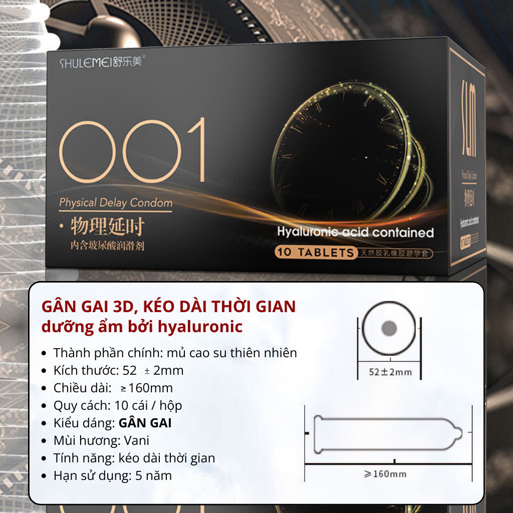 Bao cao su SLM siêu mỏng 001, kéo dài thời gian, nhiều gel bôi trơn - Hộp 10 bcs