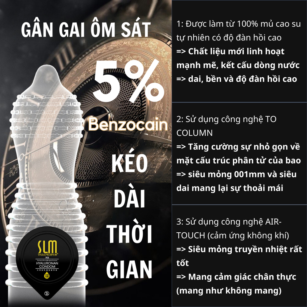 Bao cao su SLM siêu mỏng 001, kéo dài thời gian, nhiều gel bôi trơn - Hộp 10 bcs