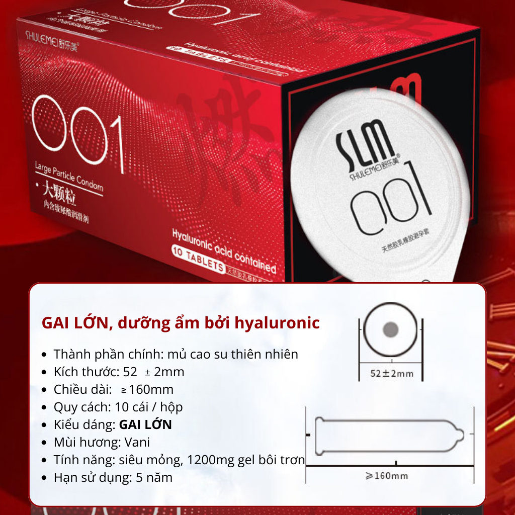 Bao cao su SLM siêu mỏng 001, có gân gai 3D, nhiều gel bôi trơn, truyền nhiệt tốt có hương thơm - Hộp 10 bcs