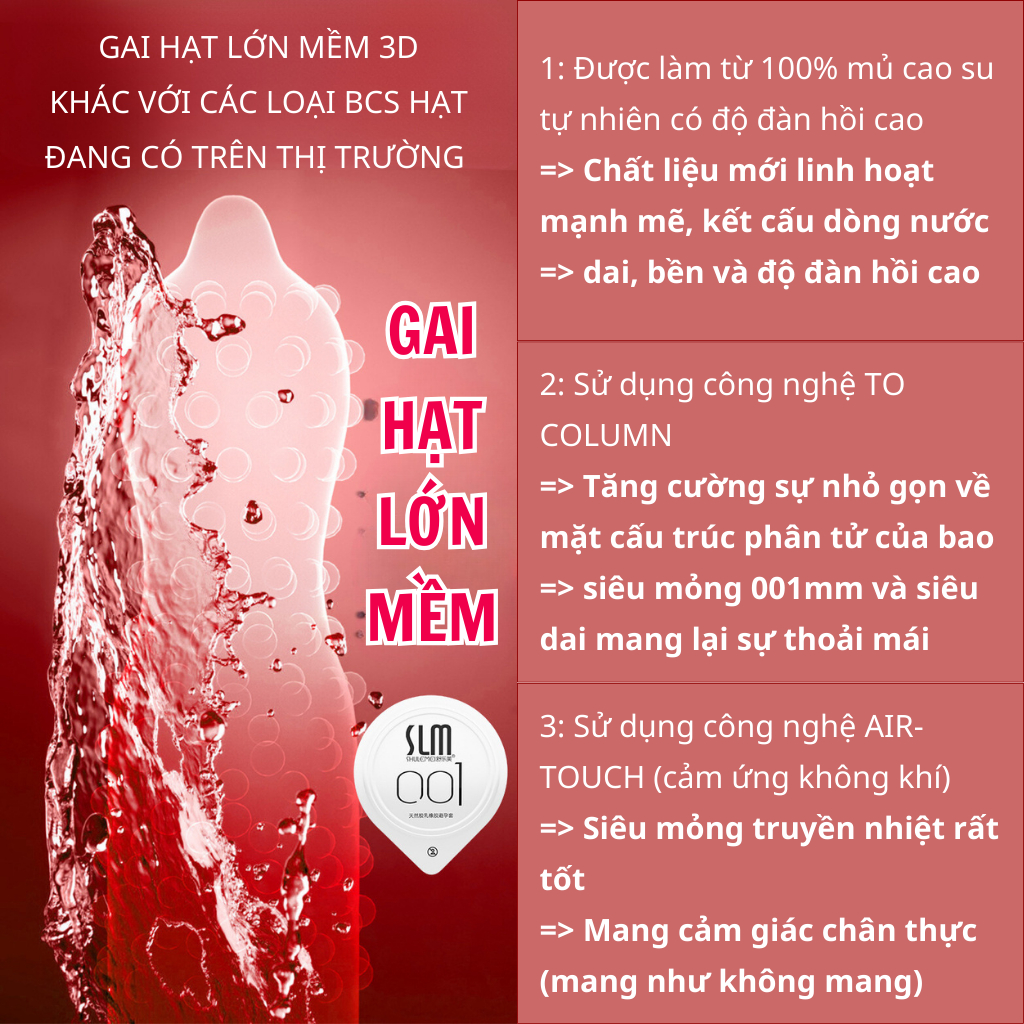 Bao cao su SLM siêu mỏng 001, có gân gai 3D, nhiều gel bôi trơn, truyền nhiệt tốt có hương thơm - Hộp 10 bcs
