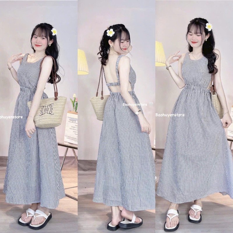 ĐẦM 2S MIDI SỌC ĐEN CHUN LƯNG