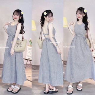 Đầm 2s midi sọc đen chun lưng