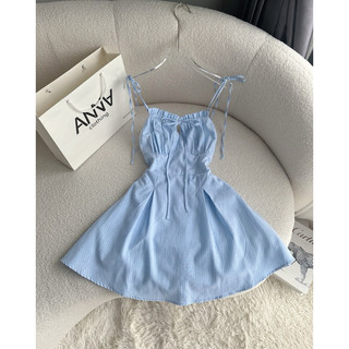 Đầm kiểu hai dây sọc xanh nhạt Anna - Tassi