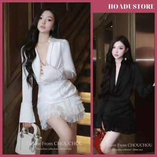   Kèm Tag Cài  Set Áo Sơ Mi Lụa Cổ Đổ Quyến Rũ Kèm Chân Váy Phối Ren Chouchou Đi Tiệc Sang Trọng 