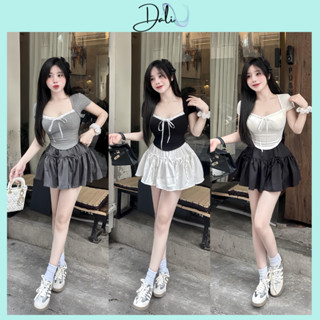 Set Áo Thun Tăm Cộc Tay Cổ Vuông Phối Nơ Viền Ren + Chân Váy Phồng Đính 2 Nơ