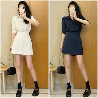 Đầm váy freesize sơ mi giả set tay lỡ 2 màu, váy công sở