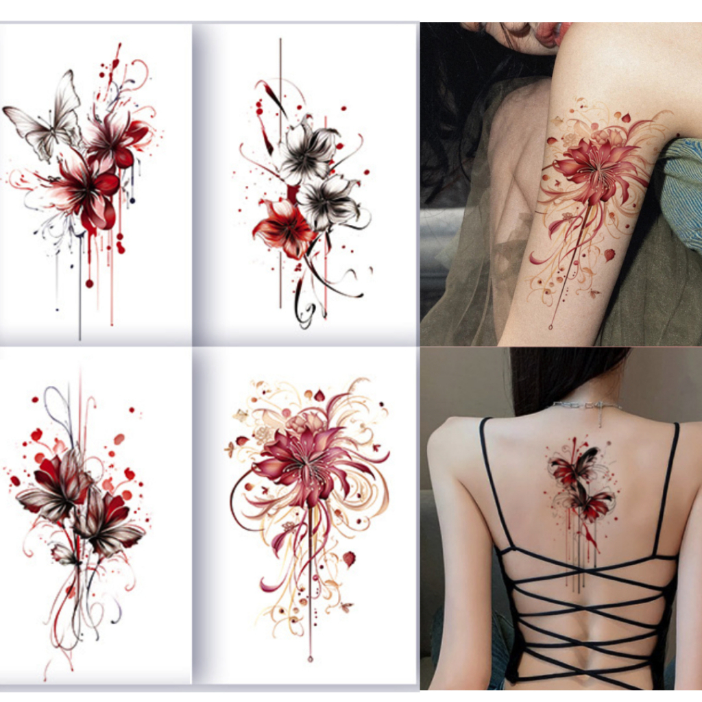 Unigu hình xăm hoa màu huyết-hoạ đỏ 18cm | hình xăm dán tạm thời dán xăm chống nước đẹp cho nữ