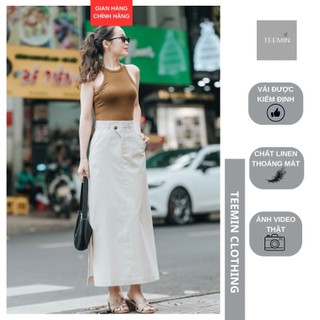 Chân váy dài midi chất linen cao cấp 2 lớp 𝗔𝗹𝗲𝘅 𝗦𝗸𝗶𝗿𝘁 teemin