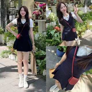 [S2.899] Set Áo Polo Trắng Cổ Đức Mix Yếm Viền Ren Xanh Than Hàng 2 Lớp Siêu Xinh (kèm ảnh thật)