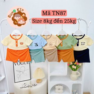 Bộ Tay Cộc Quần Đùi Trơn Cho Bé Trai Thun Lạnh minkymom Cổ Trụ Thêu size 8kg đến 25kg mã TN87