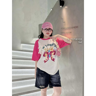 Set bộ áo thun in hình gấu tay phối màu kèm quần jean ngố VIENS STORE