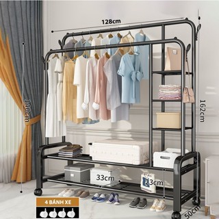 Kệ Treo Quần Áo Khung Thép Chữ U Đơn Giản Kết Hợp Để Giày Dép Kèm Móc Treo Túi Sách 2 Bên