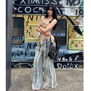 JB022 Set áo hai dây tua rua phong cách cổ điển quần Jean ống rộng hách dáng có tua rua