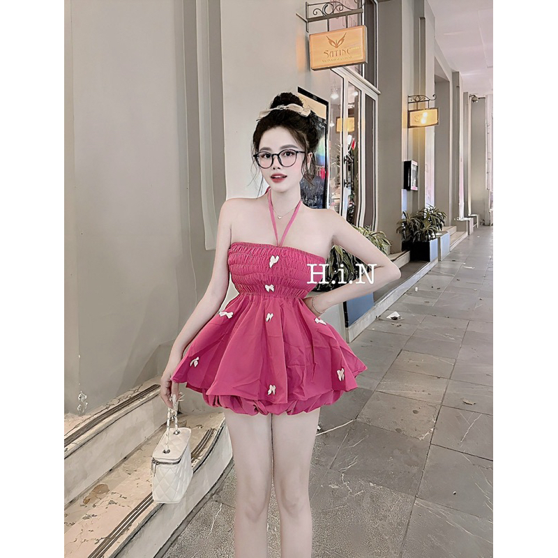Set Đầm Yếm Đính Nơ Full Cây Bí Nhún Mocking Phồng 2 Lớp + Quần Bí Phồng 2 Lớp | BigBuy360 - bigbuy360.vn